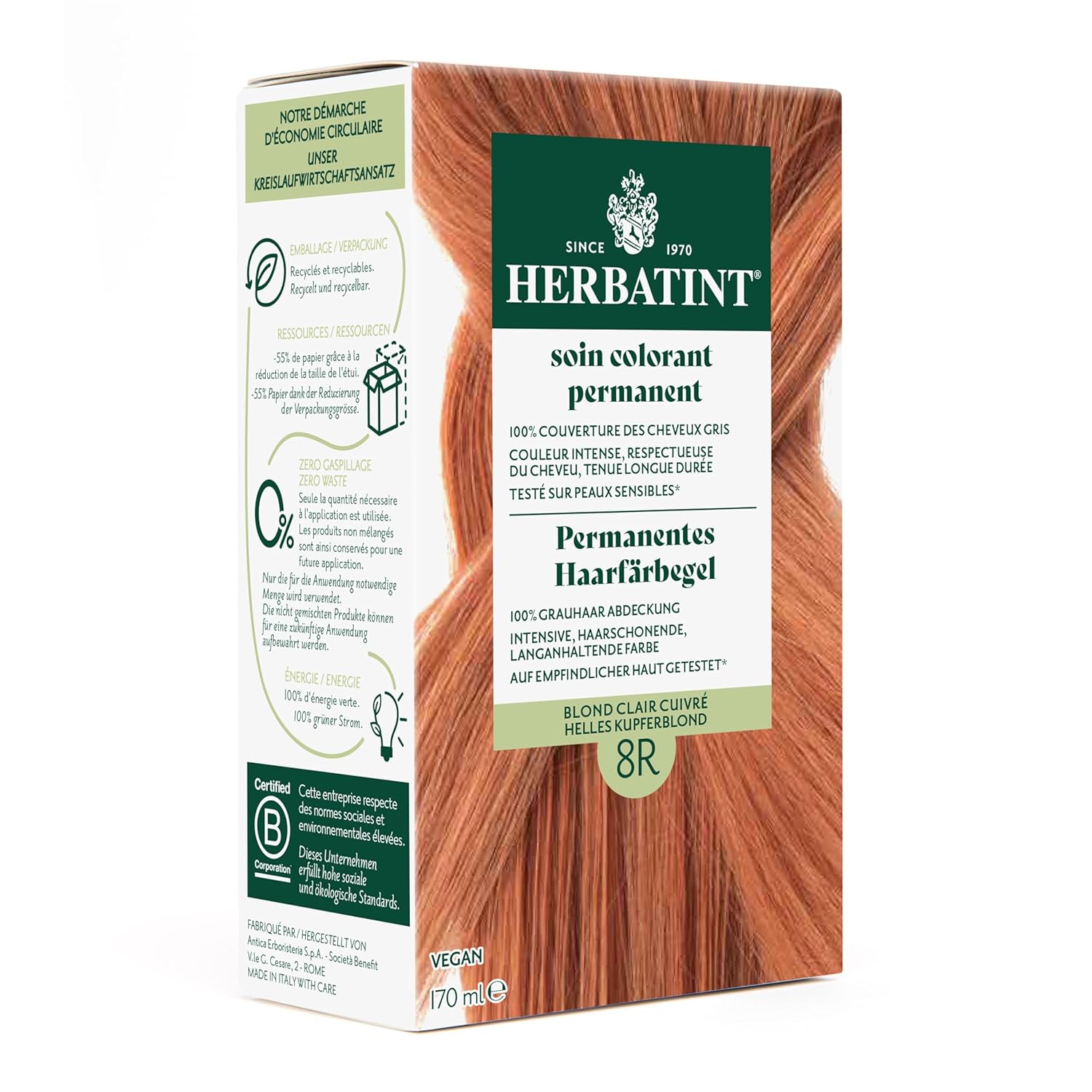 Herbatint Permanent Hair Dye Gel 8R Light Copper Blonde - 170 ml I No Ammonia, Optimal Gray Hair Coverage I Tested for Sensitive Skin with 8 Plant Extracts