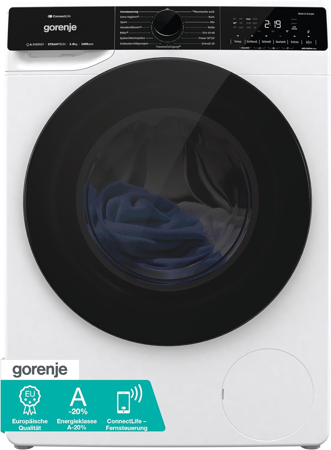 Gorenje WPNA84A2TS Washing Machine with Steam Function, ConnectLife, 8 kg, 1400 rpm, 15 Programmes, Total AquaStop, Wave Active Drum, ExtraHygiene, PowerWash, Quick Wash, Energy Efficiency Class: A-20%