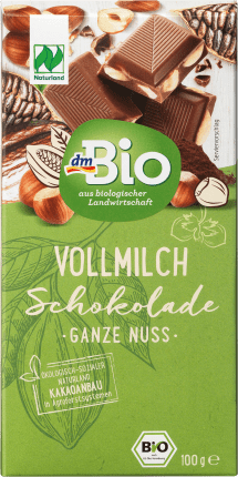 dmBio Chocolate, whole milk Chocolate whole hazelnut 20%, Naturland, 100 g