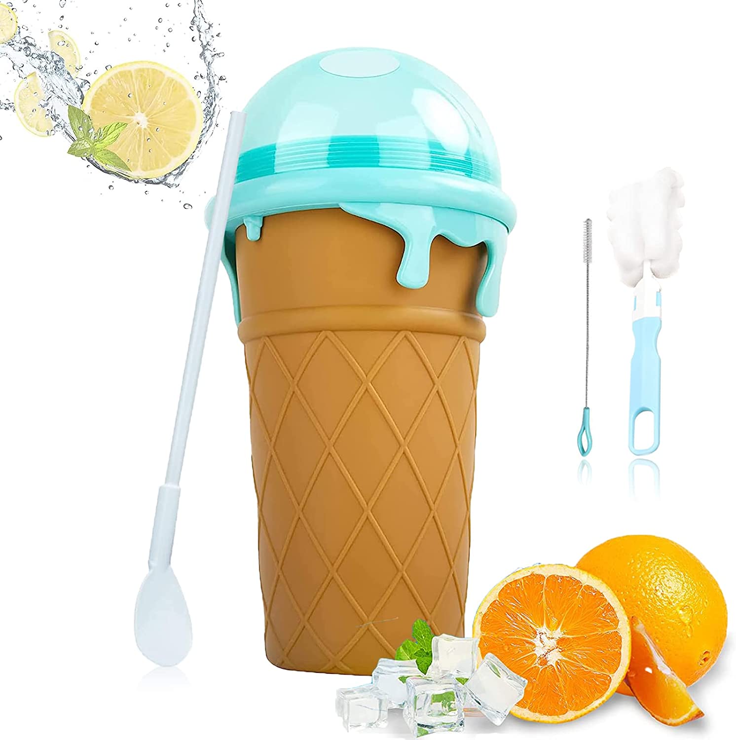 Ruikdly Slush Cup Slushy Maker Cup Reusable Slushy Maker Frozen Slushy Cup Silicone Squeeze Cup for Making Milkshake, Delicious Slush Ice (Brown/Green)