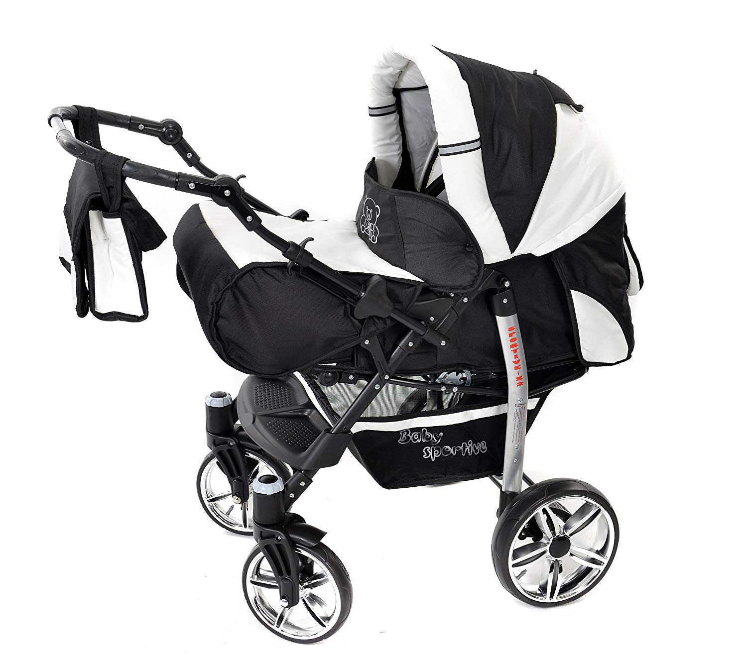 Baby Sportive 3 in 1 Reisesystem einschließlich Kinderwagen mit schwenkbaren Rädern, Kinderautositz, Buggy und Zubehör, Schwarz und Weiß