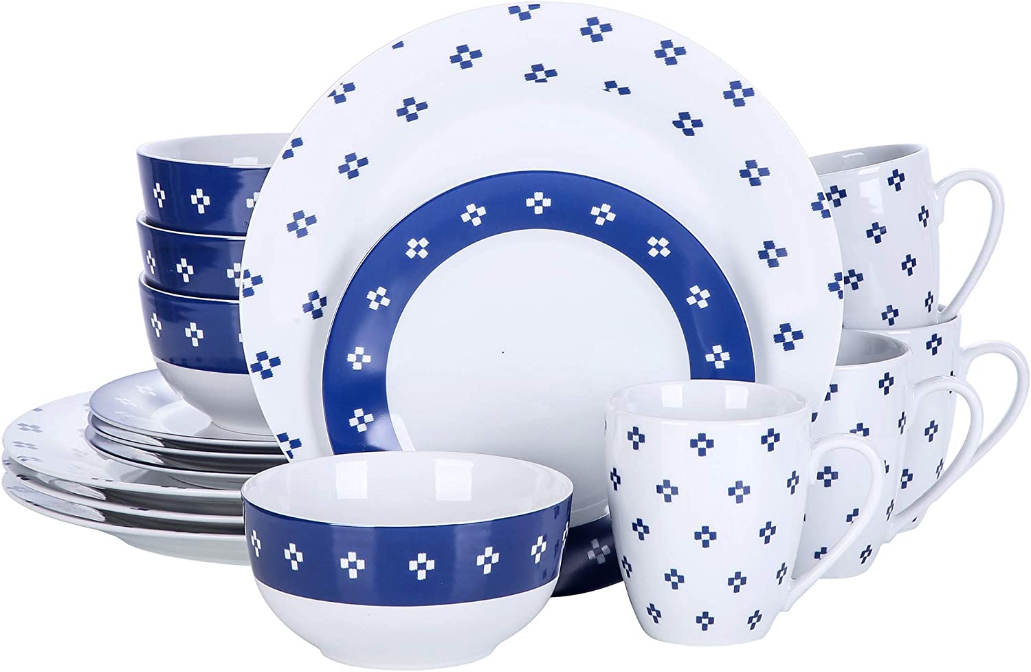 Veweet 32-piece Porcelain Dinner Set, 16-piece Crockery Set includes 10.75 inch (27 cm) Dinner Plate, 7.5 inch (19 cm) Dessert Plate, 5.5 inch (14 cm) Bowl and 380 ml Coffee Mug, Complete Service for 4/8 People