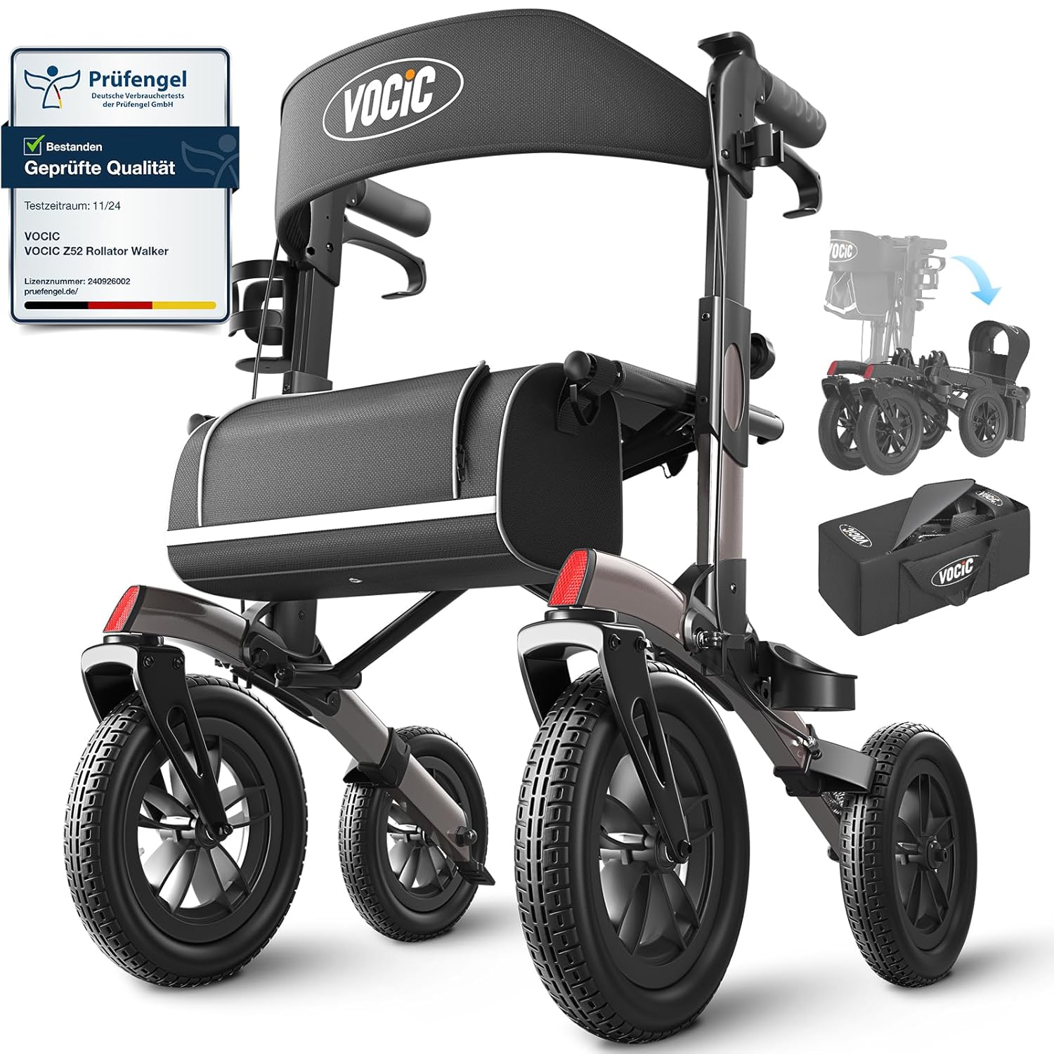VOCIC Store VOCIC Foldable and Lightweight Rollator with Seat, Outdoor Rollator with Rubber Non-Pneumatic Tyres for All Terrain, Aluminium Height-Adjustable Rollators for Outdoor & Cross Country Skiing & Travel, Grey (5 Year Support)