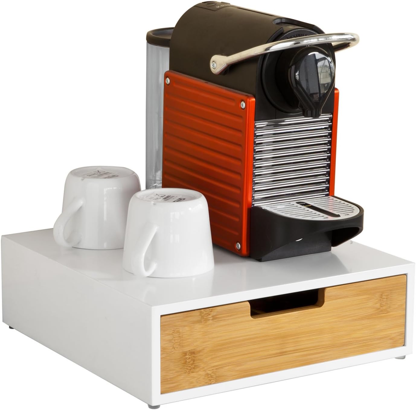 SoBuy Coffee Capsules Storage Drawer Box Tea Box Tea Bag 1-Stage Bamboo Capsule Holder Compact Box with Non-Slip Feet Storage Box for Kitchen, Office & Coffee Station 31 x 30 x 10 cm FRG179-WN