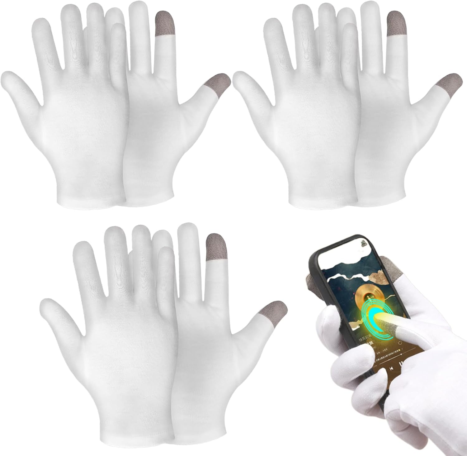 3 Pairs of Cotton Gloves with Touch Screen, Cotton Gloves, Ecologic Dermatitis, Cotton Gloves, White, Moisturizing Gloves, Ecological Dermatitis Gloves for Moisturizing