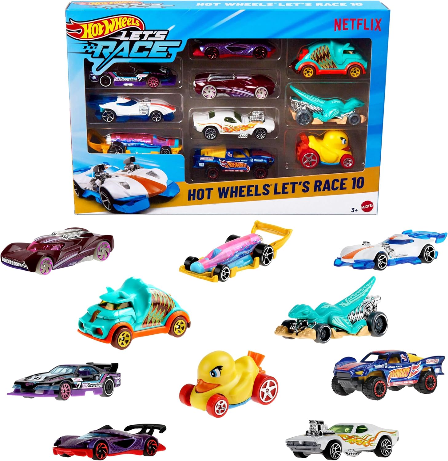 Hot Wheels Toy Cars and Toy Trucks (Various Models, Random Set) - Let\'s Race 10 Pack of 10 1:64 Scale Vehicles from the Netflix Series to Play or Display JGN40
