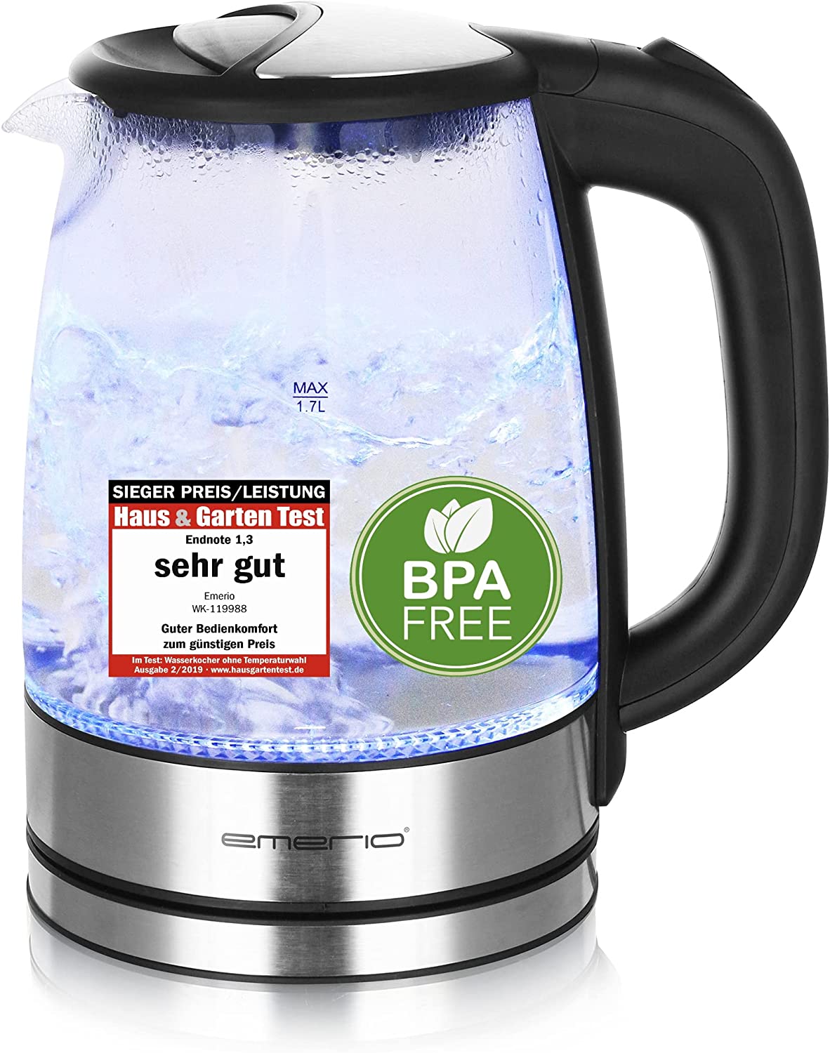 Emerio WK-119988 Glass Kettle, 1.7 Litre, 2200 Watt, LED Interior Lighting, 360 ° Base, Silver