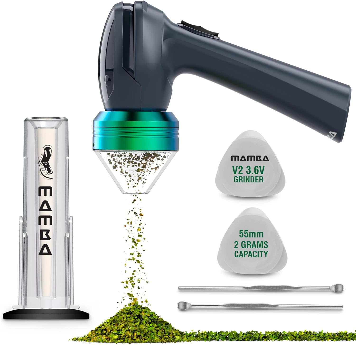 Mamba Grinder Metal Green 2g - Electric Herb Grinder USB Rechargeable Aluminum Alloy Grinder Spice Pollen Crusher with Accessory Set - Fully Charge Before Use