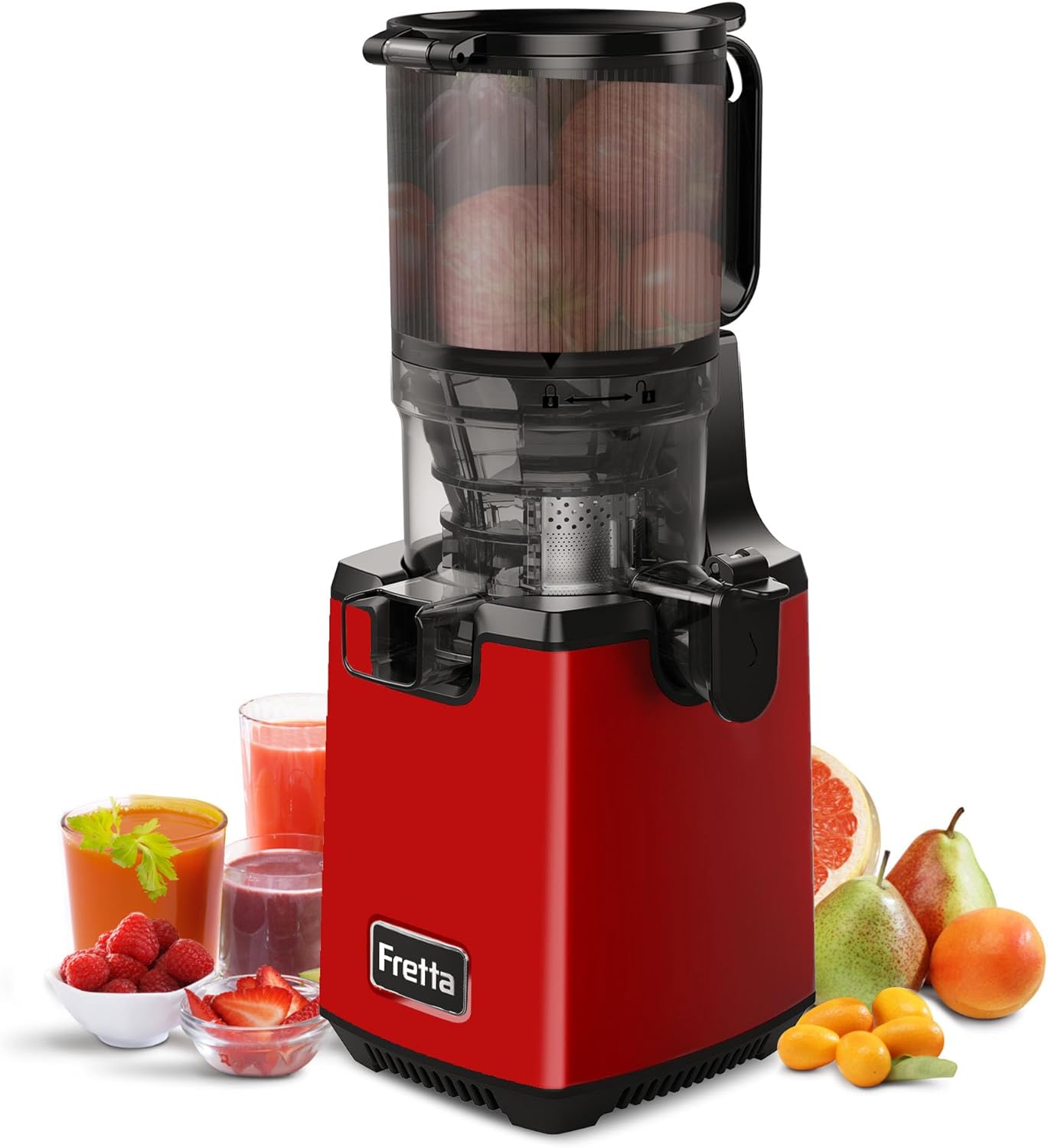 Fretta Juicer Slow Juicer, Stainless Steel Juicer Vegetable and Fruit Test Winner, 135 mm Opening & 1.8 L Juicer Machine with Reverse Function, Easy Installation, Easy to Clean (Empire Red)