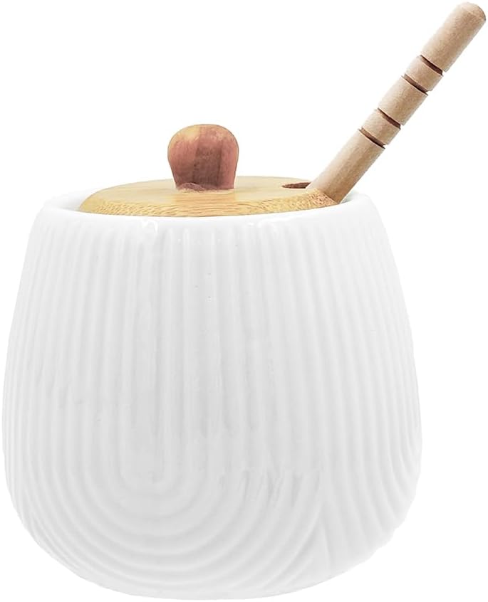 La Porcellana Bianca Striped Meliera Glass with Spoon and Wooden Lid In Tavola 250 ml