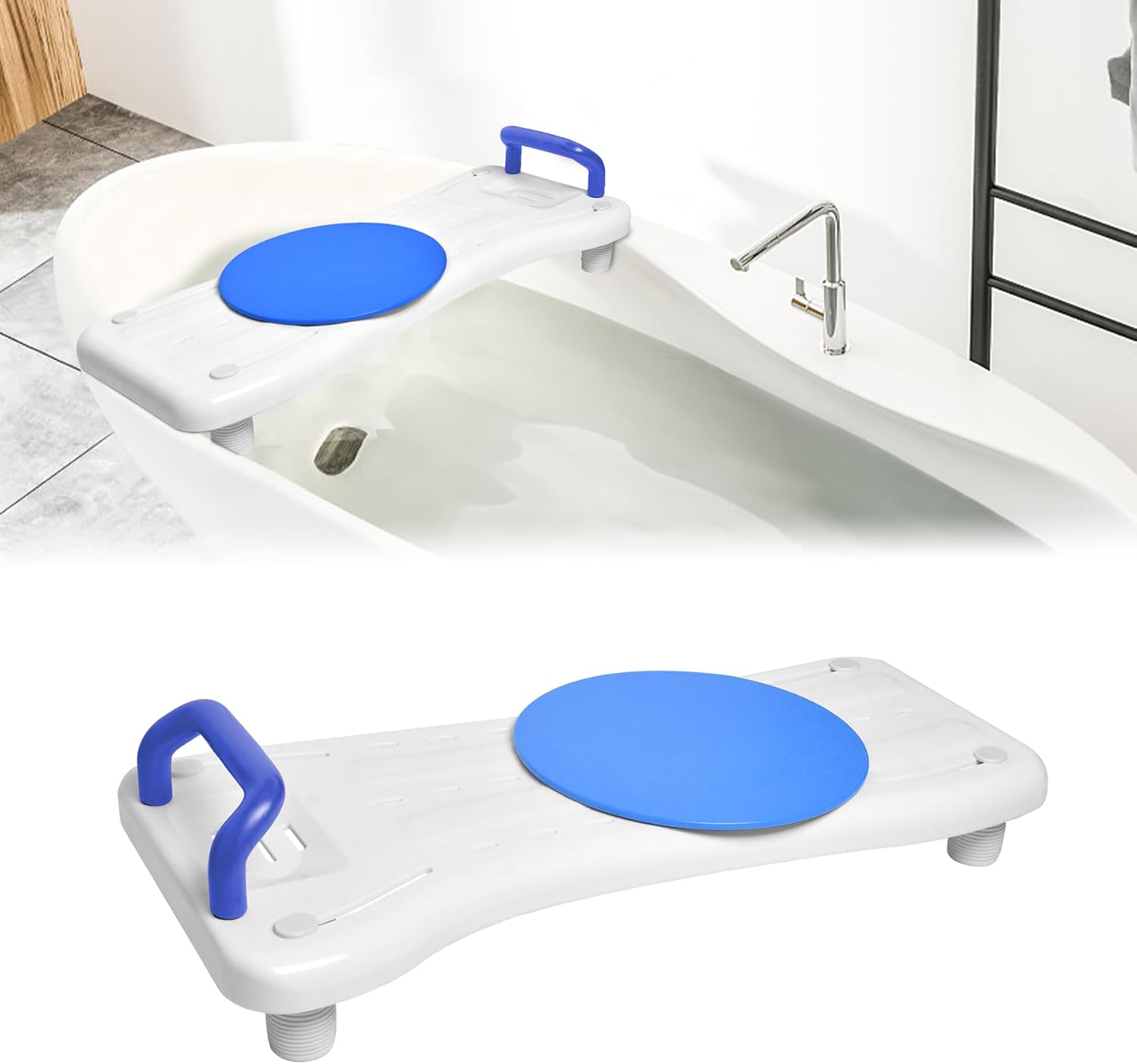 UISEBRT Store UISEBRT Bathtub Board with Swivel Disc, Bath Seat for Seniors, Seat for Bathtub, Bath Seat with Handle and Soap Tray, Length 70 cm, White and Blue