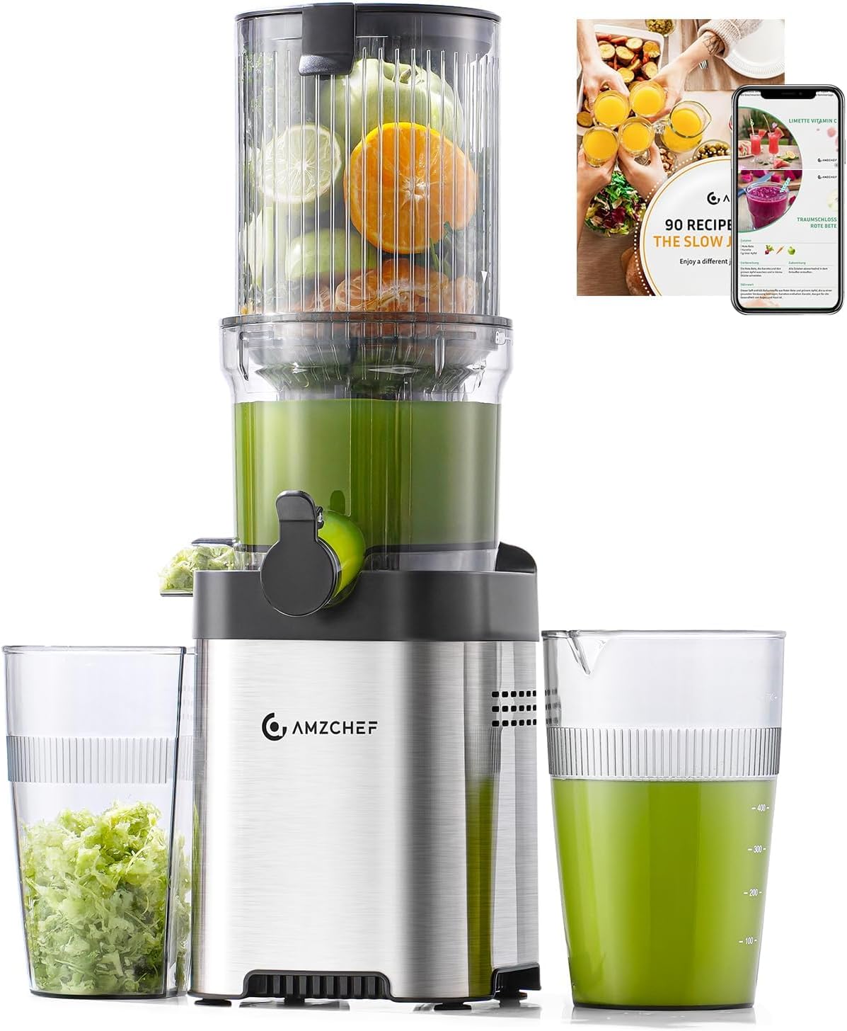 AMZCHEF Juicer - Slow Juicer with 120mm Width and Larger Feed Tube for Whole Vegetables and Fruits - Easy-to-Clean Juicer with 2 Glasses - Silver