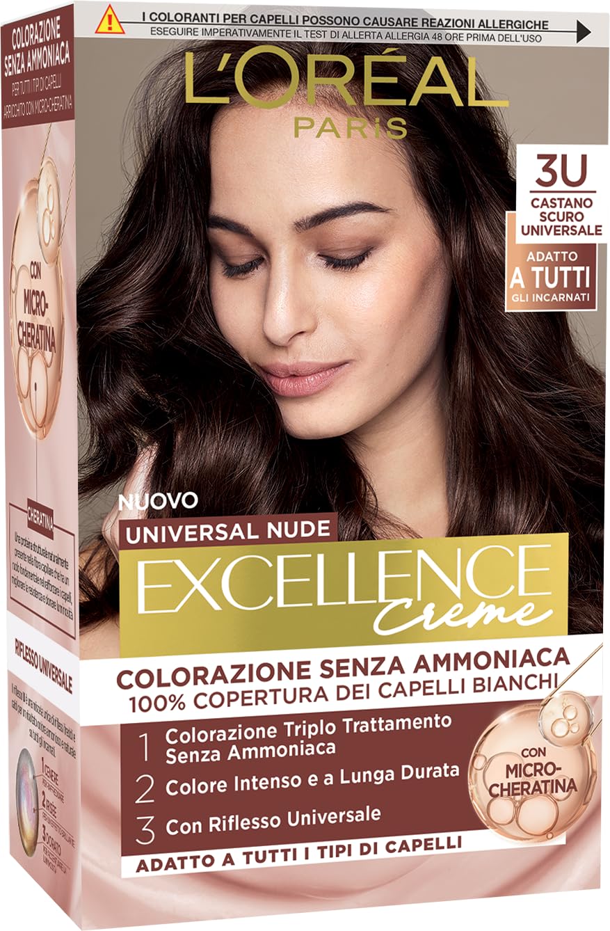 L\'Oréal Paris Permanent Coloration, Long Lasting Coverage of White Hair, Natural and Shiny Results, Ammonia Free Formula, Excellence Universal Nude, Dark Brown (3U) 268gm
