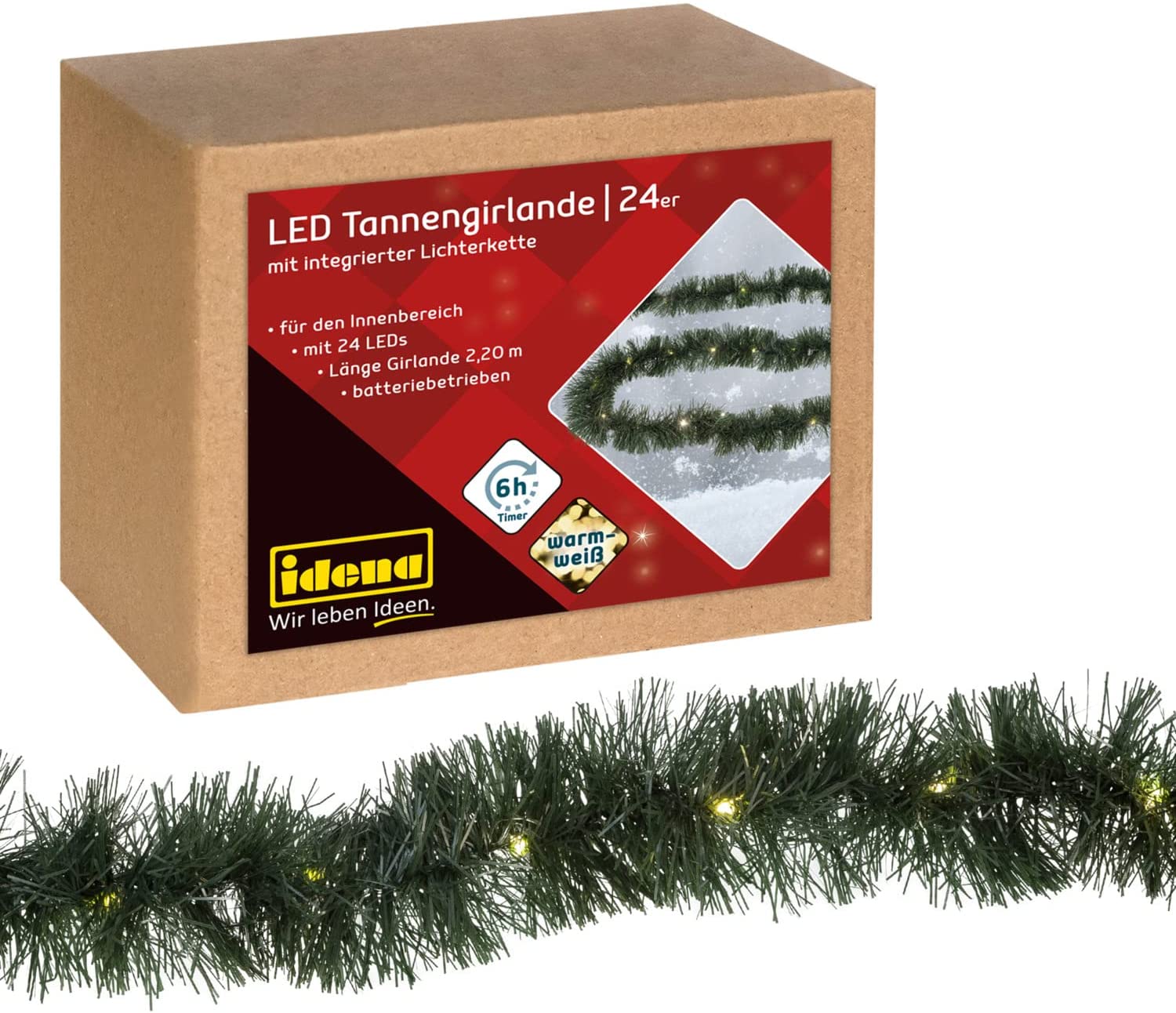 Idena 31345-LED Fir Garland with 24 LEDs in Warm White, with 6 Hour Timer F
