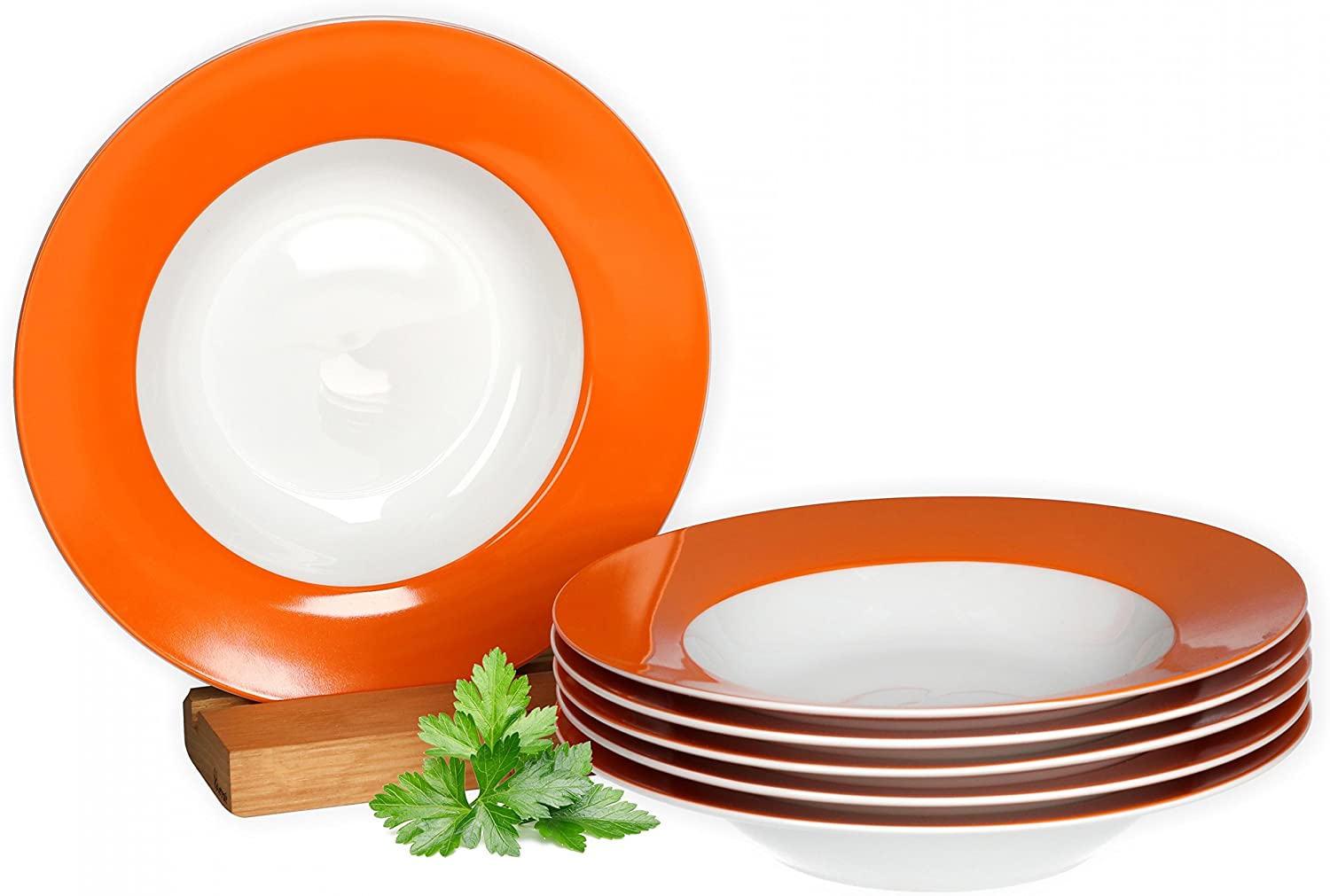 Van Well Vario Soup Plate Set 6 Pieces I Plate Service for 6 People I Deep Pasta Plate 21.5 cm I Porcelain Set White with Orange Rim I Salad Plate Microwavable