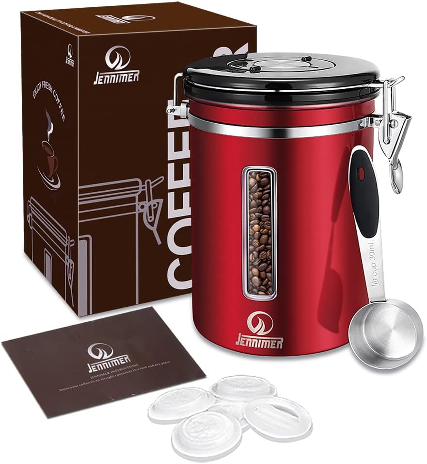 JENNIMER Stainless Steel Coffee Canister 1.8 L - 600 g Bean Capacity with Transparent Fresh Window - CO2 Valve, Date Display, Measuring Spoon & Aroma-Proof Storage Container for Coffee (Red)