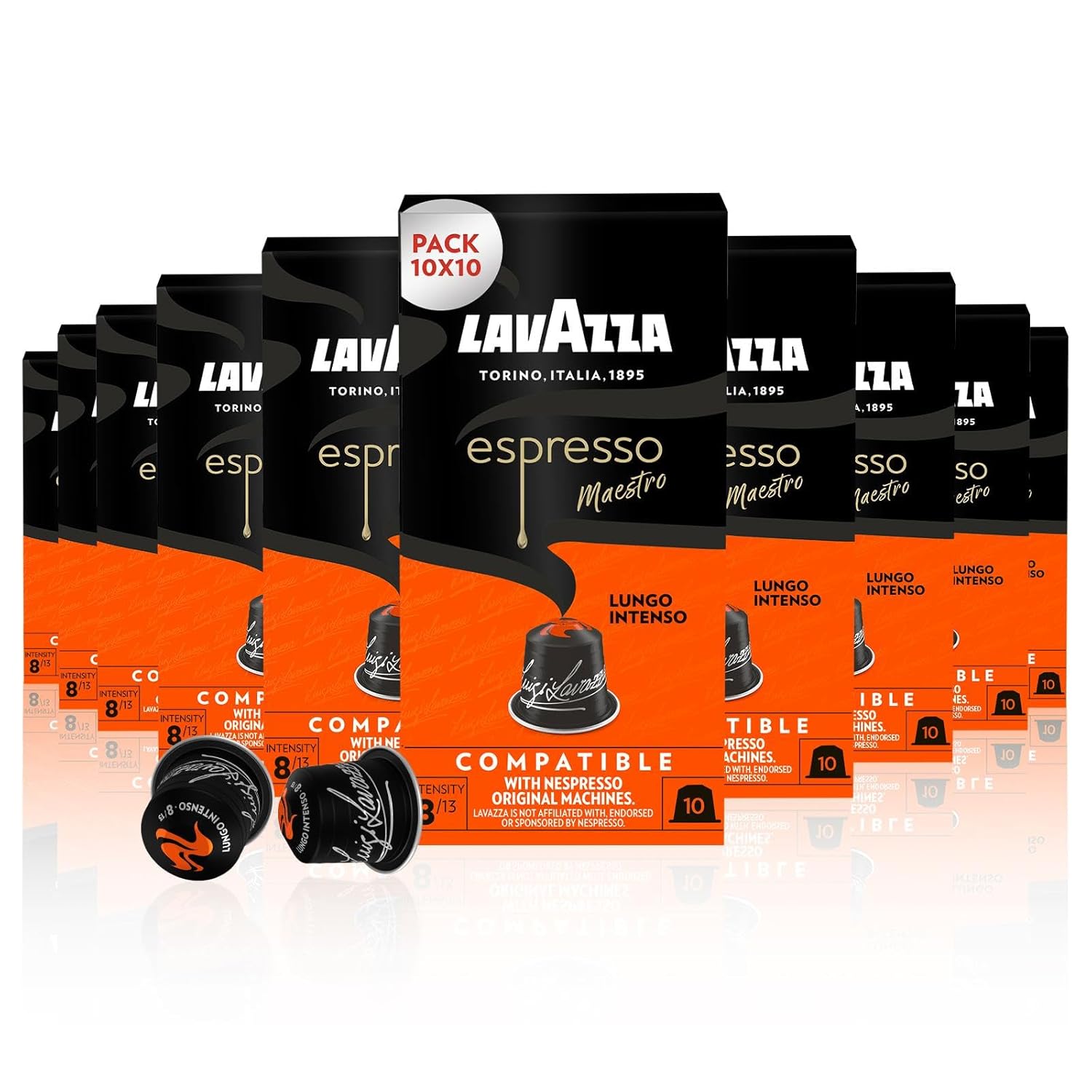 Lavazza, Espresso Maestro Lungo Intenso, 100 Aluminum Capsules Compatible with Nespresso Original Machines, Cocoa & Caramel Notes, Arabica & Robusta, Intensity 8/13, Dark Roast