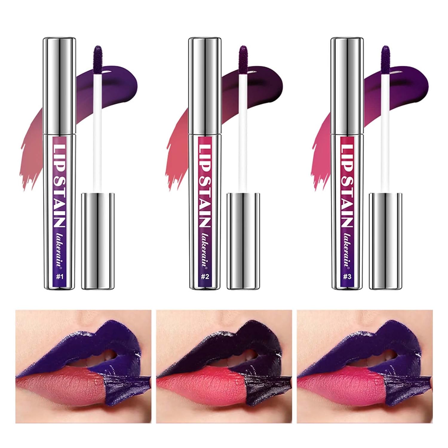 EONFAVE Lip Stain Peel Off Set, Matt Lip Tint Peel Off, 3 Colors, Magic Removable Tattoo Lip Gloss, Highly Pigmented Liquid Lipstick, Smudge-Proof, Waterproof, Non-Stick Cup, Easy Tear-Off