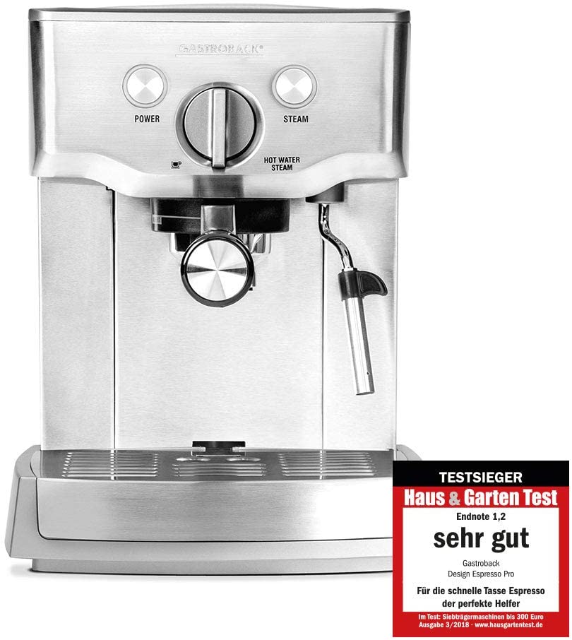 Gastroback 42709 Design Espresso Pro Espresso Machine with Filter Carrier, Milk Frothing Nozzle, 15 Bar, 1.5 L, Thermoblock Heating System, 18/8 Stainless Steel