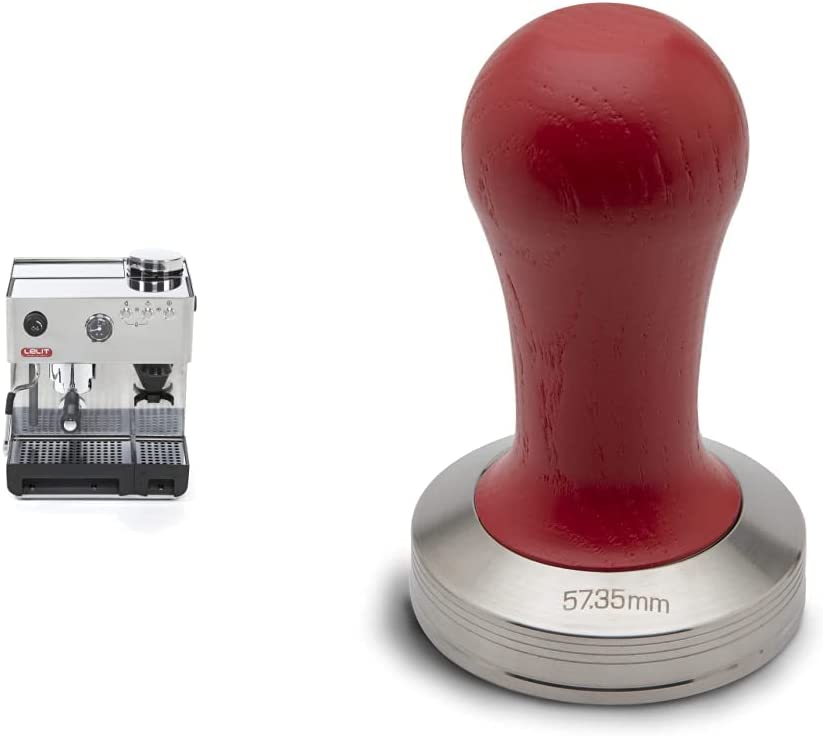 Lelit Anita PL042EMI Semi-Professional Coffee Maker with Integrated Coffee Grinder, 2.7 Litres, Steel & PLA471R Tamper for LELIT57 Filter, Stainless Steel, Red Wooden Handle