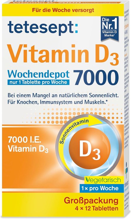 tetesept Vitamin D3 7000 Weekly Depot - 4 x 12 Tablets - Vitamin D Tablets for Lack of Natural Sunlight - Dietary Supplement for Bones, Immune System & Muscles - Supply Pack