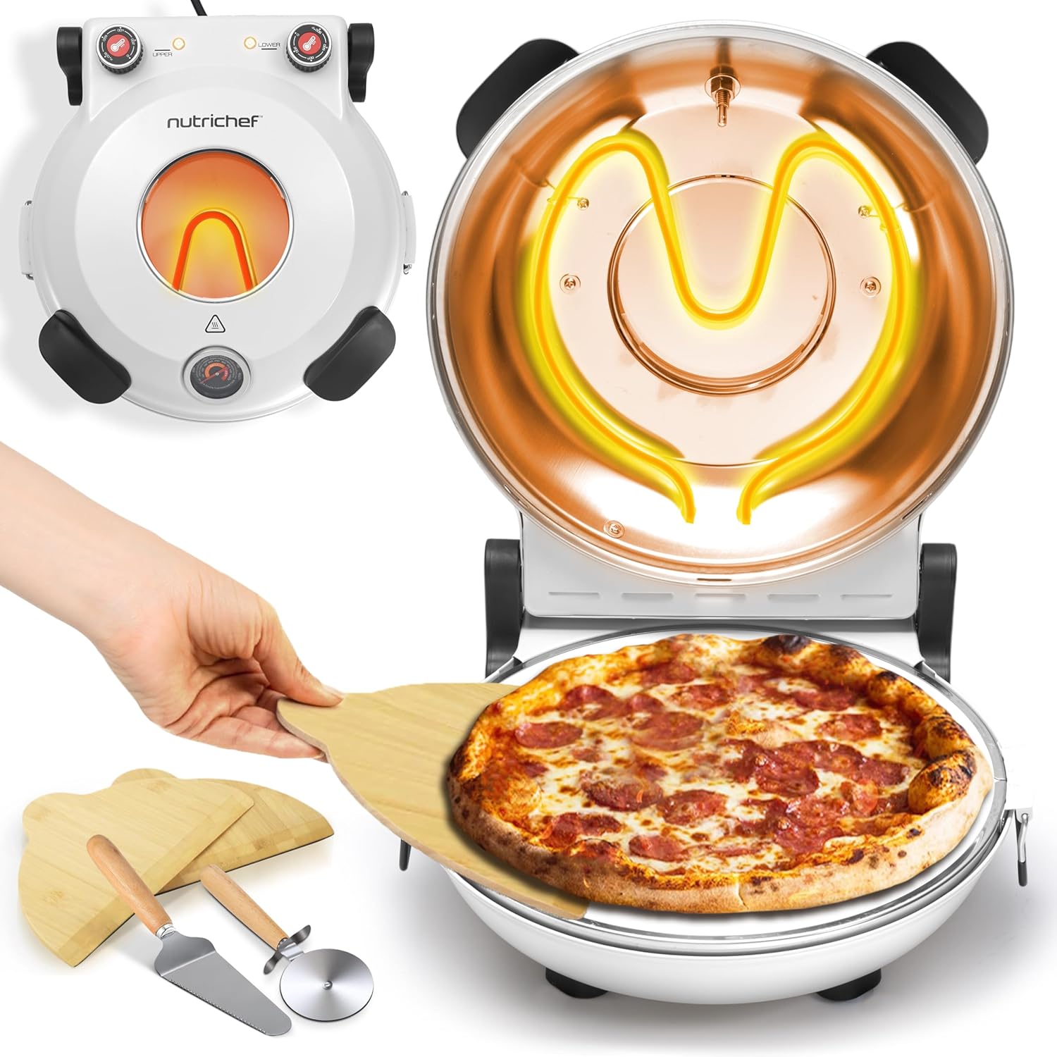 NutriChef Electric Pizza Oven | 12 Inch Pizza Maker for Worktop with Temperature Control and Thermometer | Viewing Window for Precise Cooking | Heats up to 800°F | Easy to clean