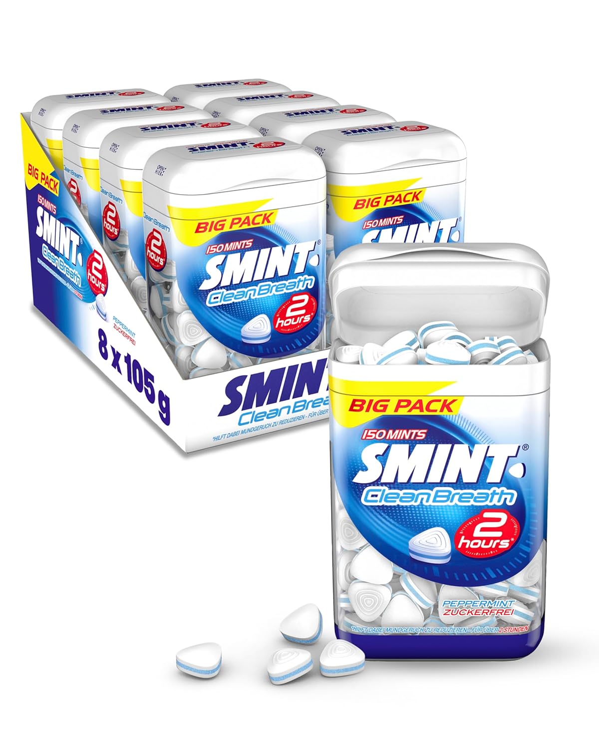 Smint 2H Clean Breath Peppermint, 8 Big Pack Tins of 150 Mint Pastilles, Sugar-Free Mints for Over 2 Hours of Fresh Breath (8 Packs of 150)