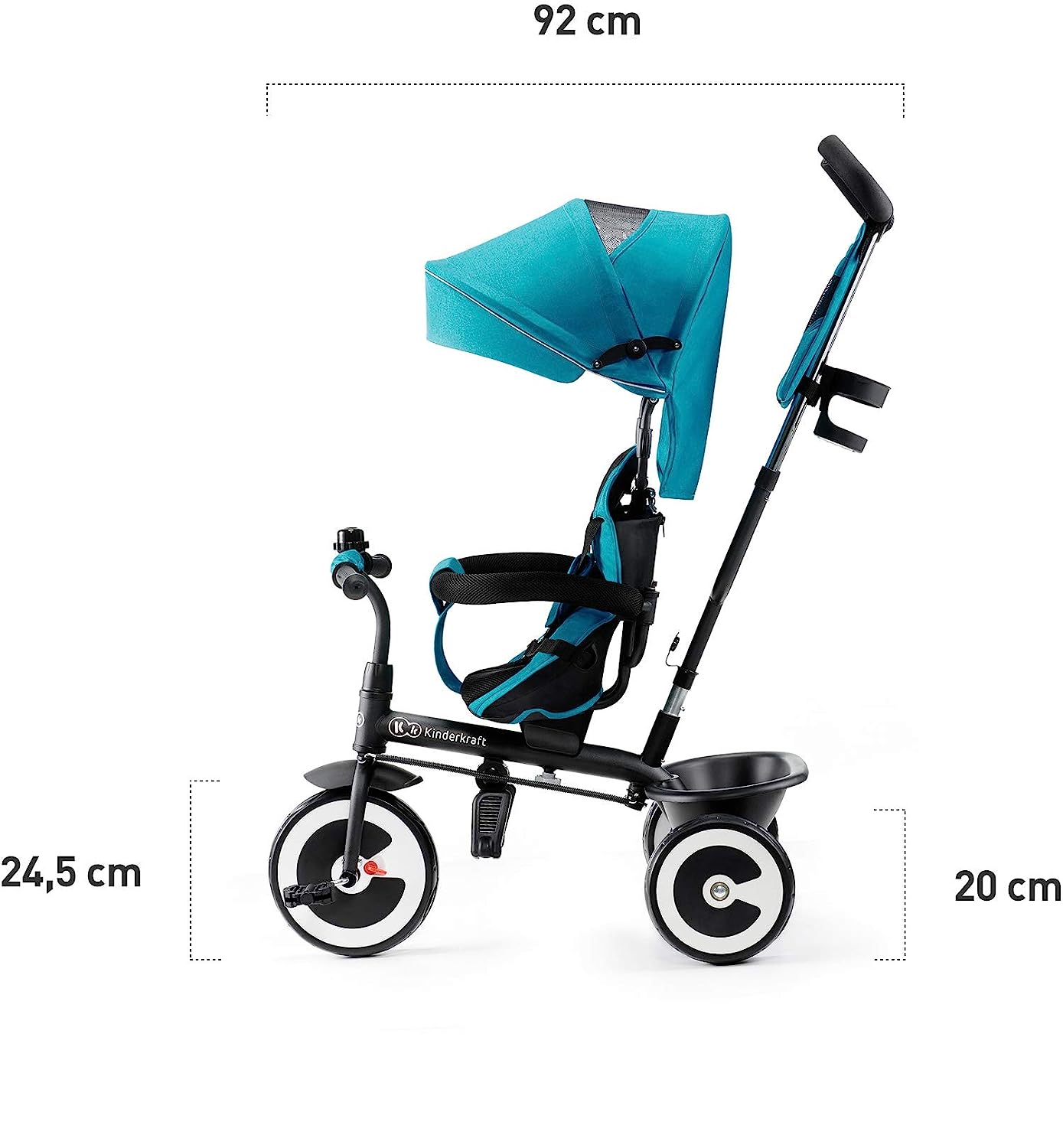 Kinderkraft ASTON Tricycle Children\'s Tricycle, Jogger with Accessories, Roof Window, Seat Belts, Two Handlebars, Free Wheel, Push Bar, from 9 Months to 5 Years, Comfortable Seat, Grey