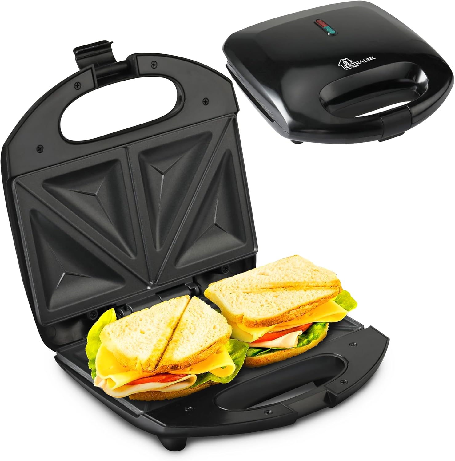 EXTRALINK Sandwich Maker, Toaster Sandwich Toaster 750 W - Sandwich Toaster with Non-Slip Feet, Insulated Handle, Indicator Lights, Non-Stick Coating, Easy to Clean, Triangular Toast
