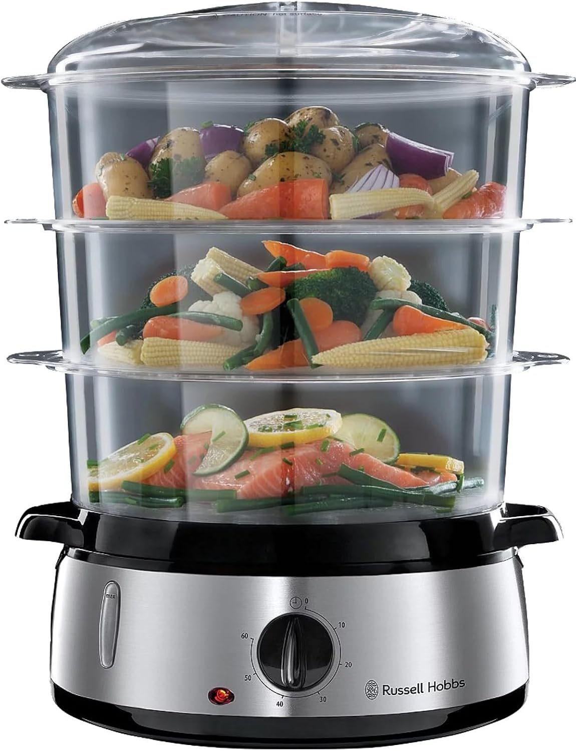 Russell Hobbs steam oven 9.0l (60 minute timer + automatic switch-off), 3 dishwasher-safe steam containers + rice bowl + 6 egg holders, BPA-free, steam cooker Cook @ Home 19270-56