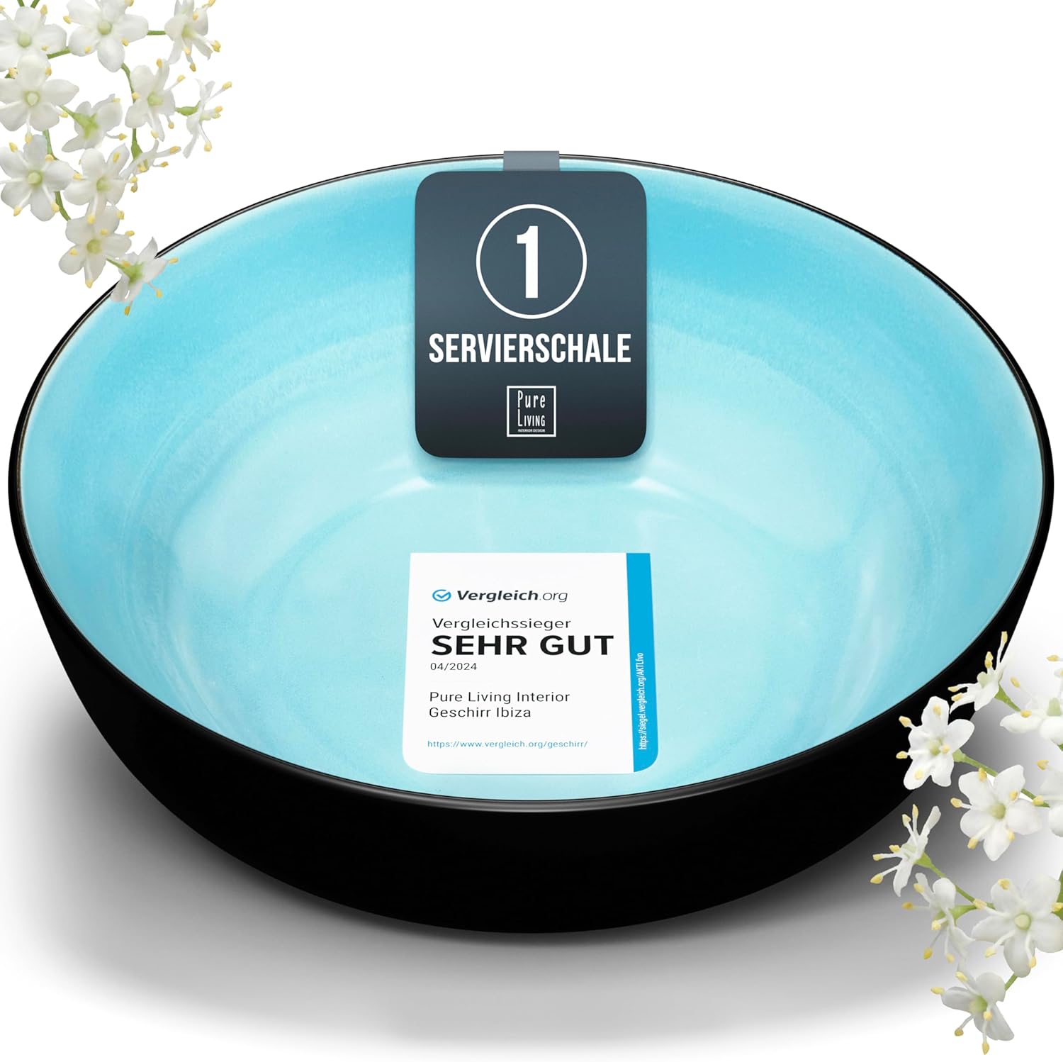 Pure Living Ibiza Stoneware Serving Bowl, Test Winner, Dreamy Mediterranean Salad Bowl, Large Salad Bowl in Aquamarine