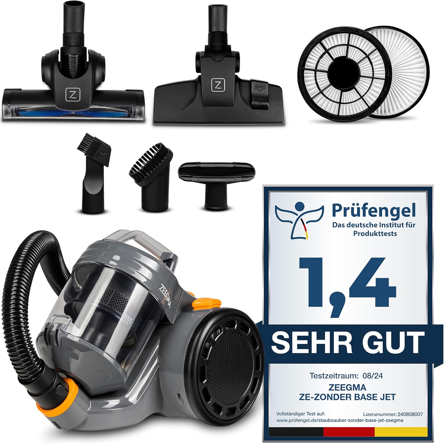 ZEEGMA Zonder Base Jet bagless vacuum cleaner with set of attachments, cyclone technology, PowerSuction, 4000 watt output, turbo brush, 2 HEPA filters, 2L dust container