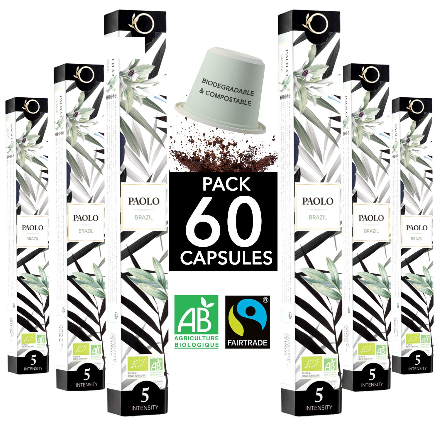 Nespresso Capsules Compatible | Organic Fairtrade Arabica Coffee in Capsules Biodegradable | Paolo Pure Coffee Brazil, 60 Coffee Capsules | Traditional roasting