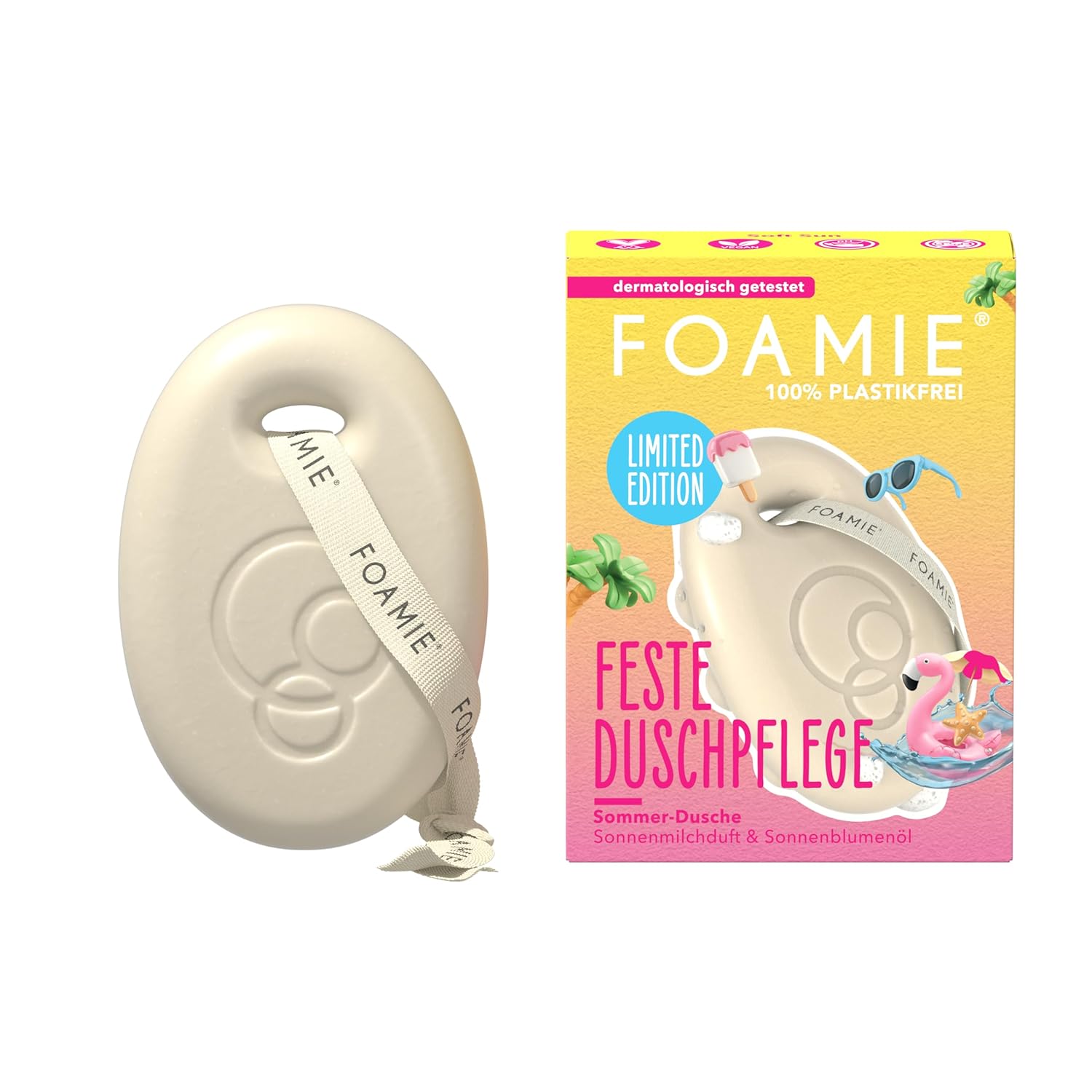 Foamie Solid Shower Care Soft Sun Limited Edition | 3-in-1: Cleans, massages & cares | Sunscreen scent | With sunflower oil | Vegan & plastic-free | pH skin-neutral | 80g