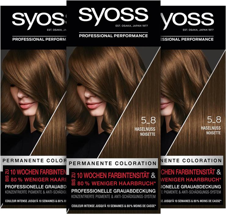 Syoss Color Coloration Hair Dye, 5_8 Hazelnut Level 3 (3x 115 ml), Permanent Coloration for up to 10 Weeks of Color Intensity and 70% Less Hair Breakage*