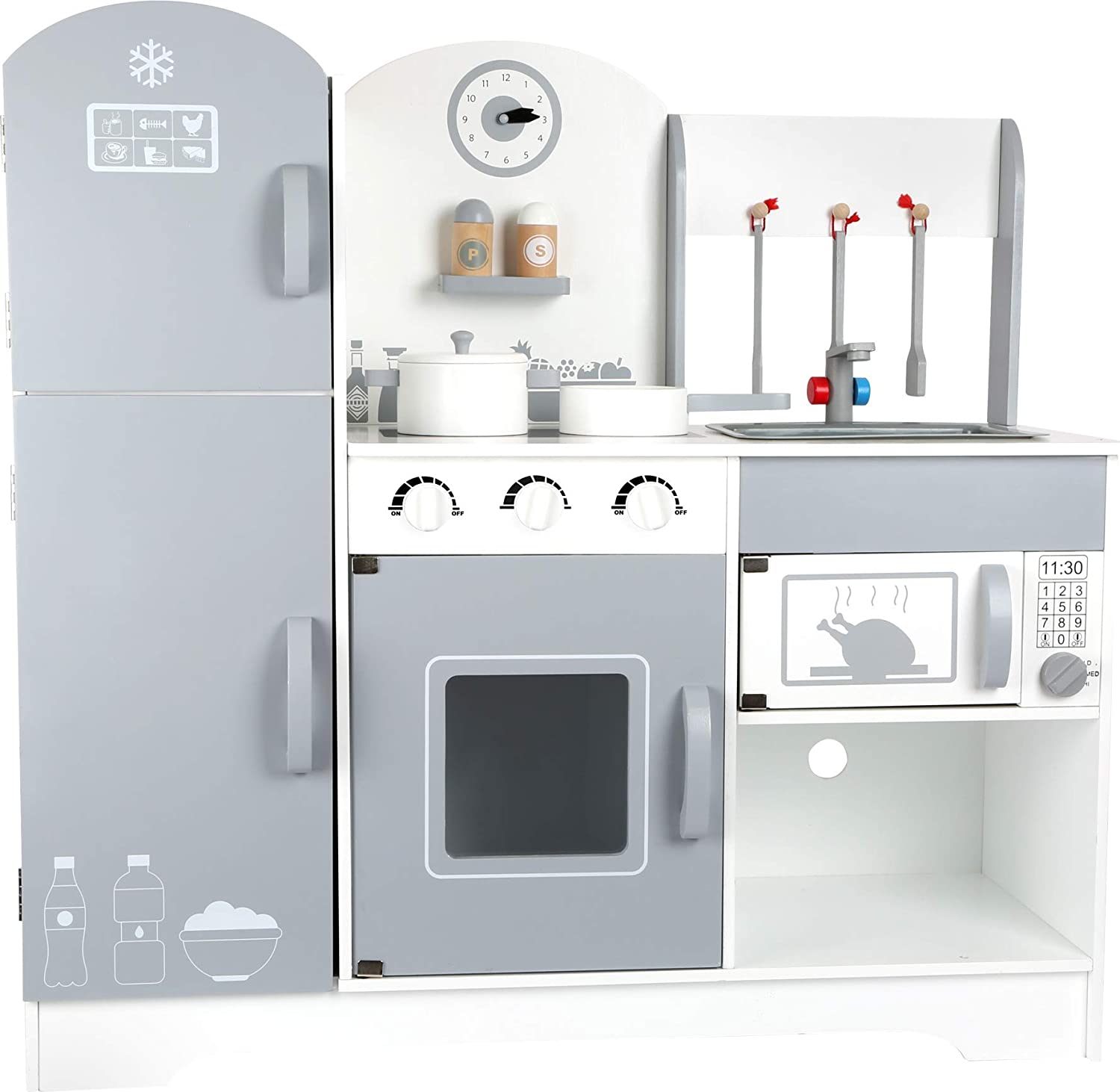 Small Foot 10598 Children Wooden Foldable Fridge/Freezer, Hob, Oven & Microwave Kitchen Cabinet with Salt and Pepper Shakers