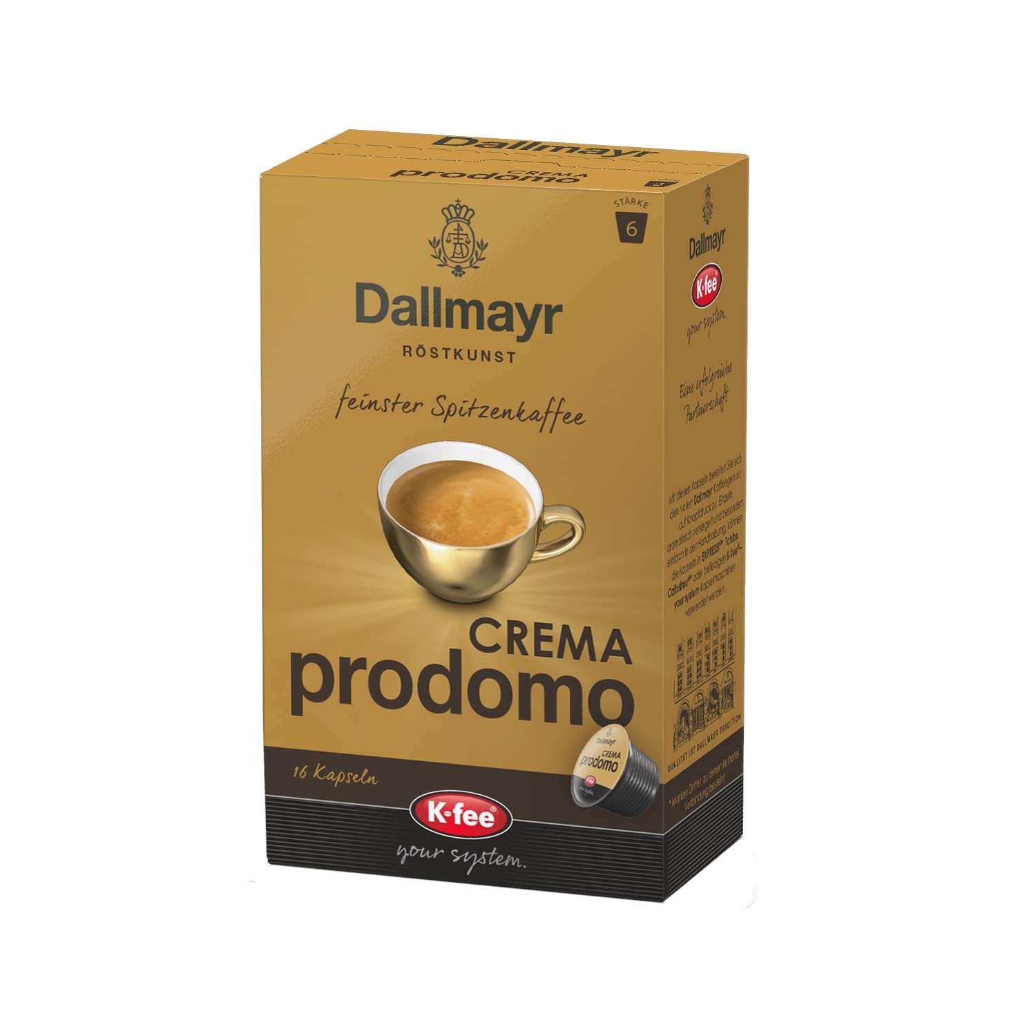 K-FEE Dallmayr CREMA Prodomo Coffee Capsules, Compatible with Tchibo Cafissimo (R)*, Pack of 6 (6 x 16 Items)