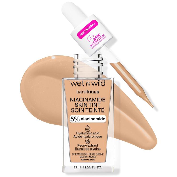 Wet n Wild Bare Focus Niacinamide Skin Tint, lightweight foundation with buildable formula, enriched with hyaluronic acid and vitamin E for a radiant look, cream beige