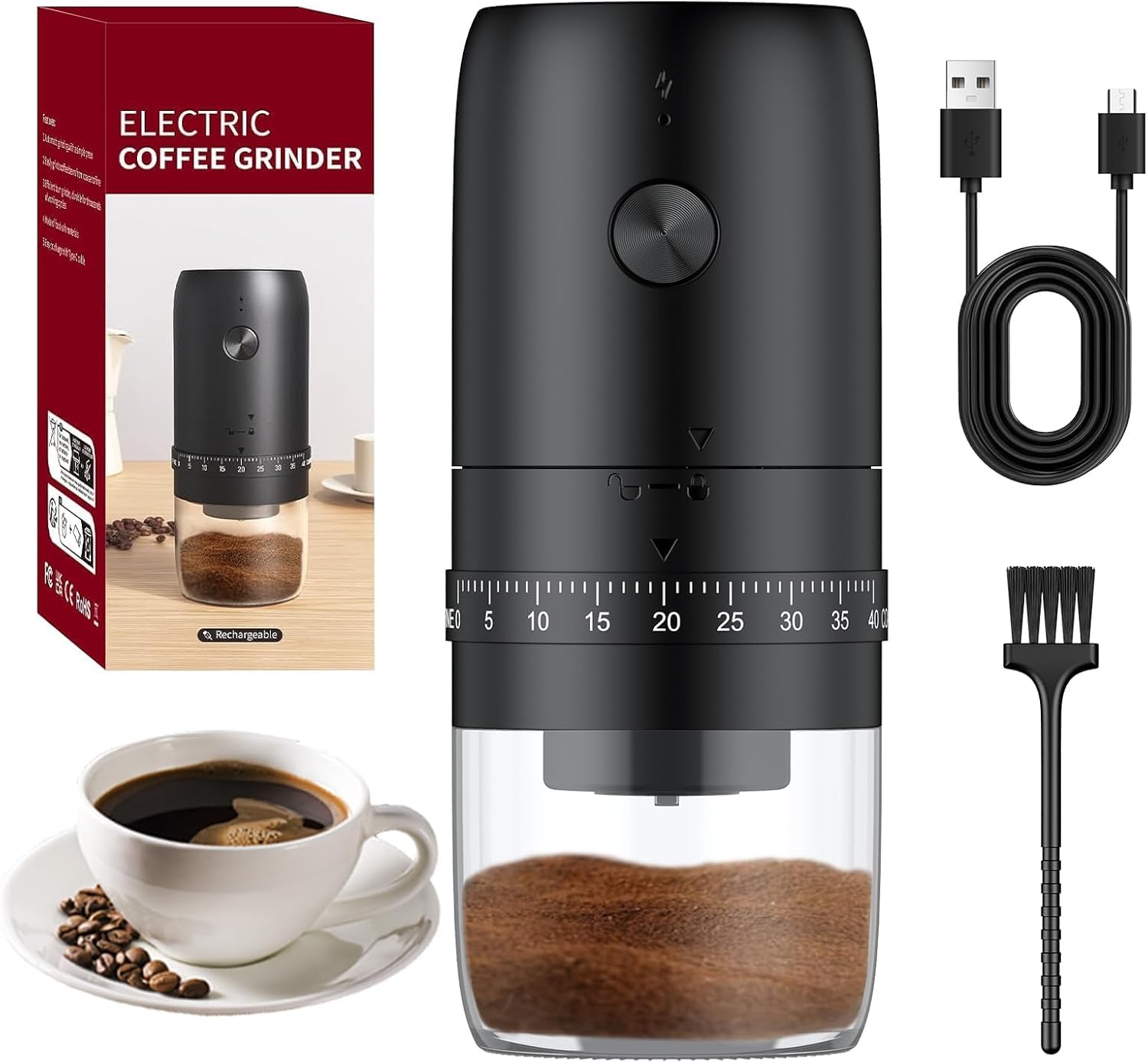 Pawfly Rechargeable Coffee Grinder 40 Stage Ceramic Cone Grinder with Auto Stop & Cleaning Brush Electric Professional Grinder for Travel Camping