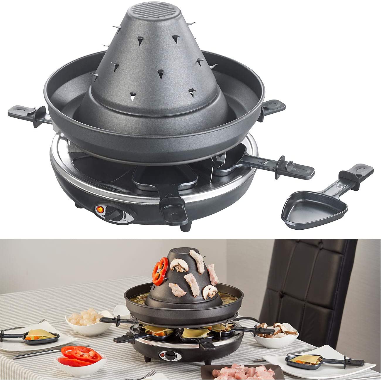 ROSENSTEIN & SOHNE Rosenstein & Söhne Tartar Hat: Electric 3-in-1 Tatar Hat & Raclette Grill with Fondue Gutter, for 6 (Husar Hat Grill)