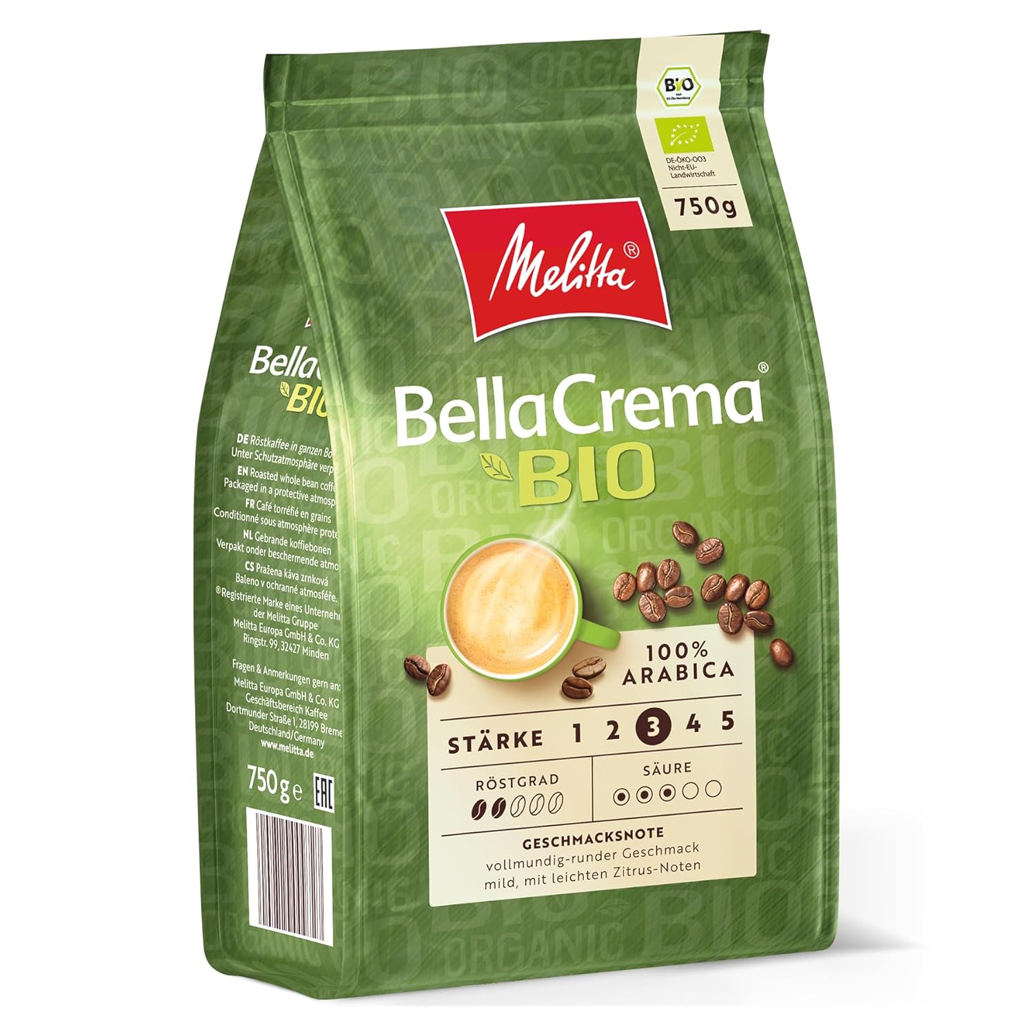 Melitta BellaCrema Organic Whole Coffee Beans, Unground, Coffee Beans for Fully Automatic Coffee Machines, Mild Roast, Roasted in Germany, Strength 3, 750 g
