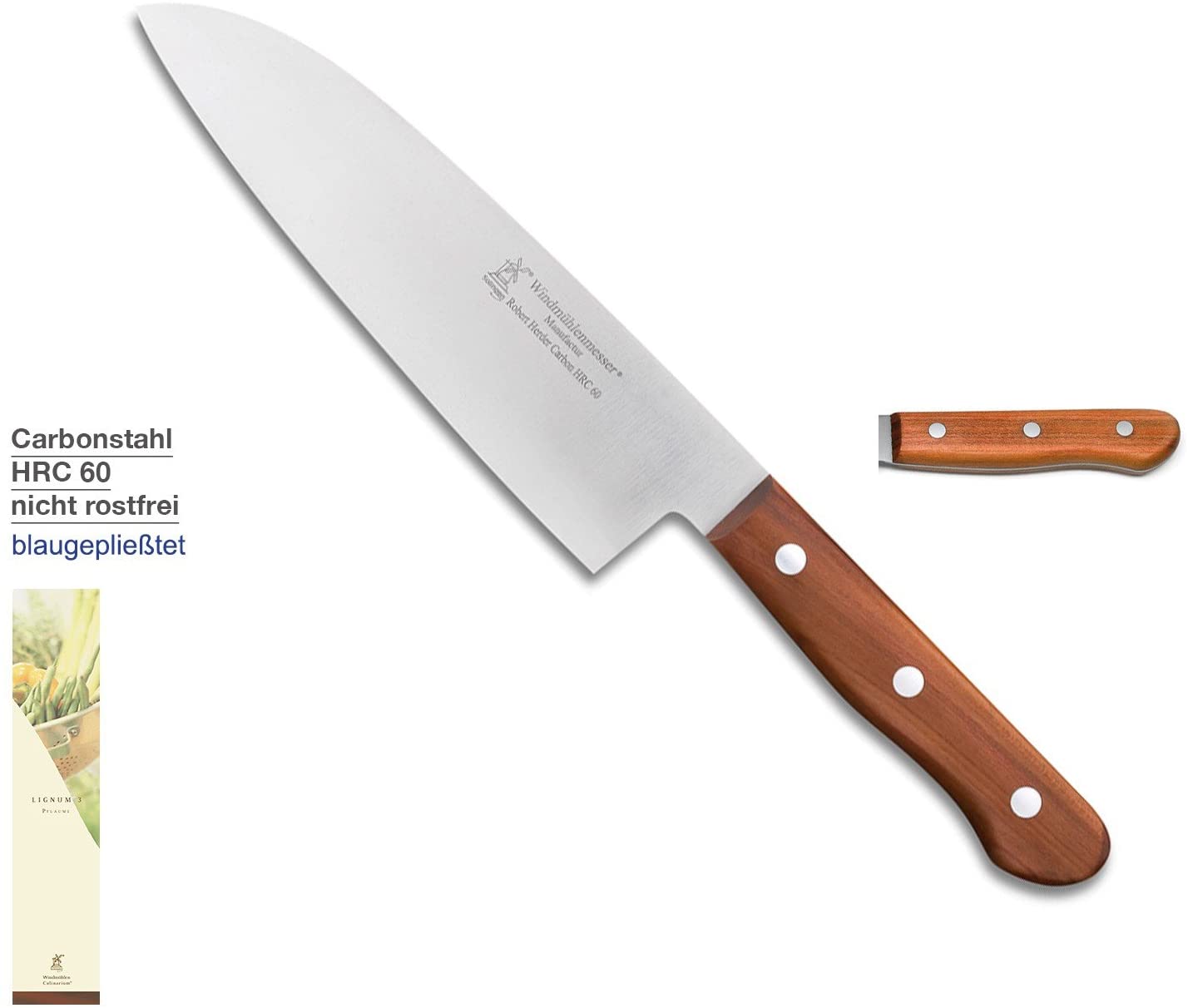 Windmühlenmesser LIGNUM 3, HRC 60, plum, blue-plumed, non-stainless, blade length: 170mm, natural