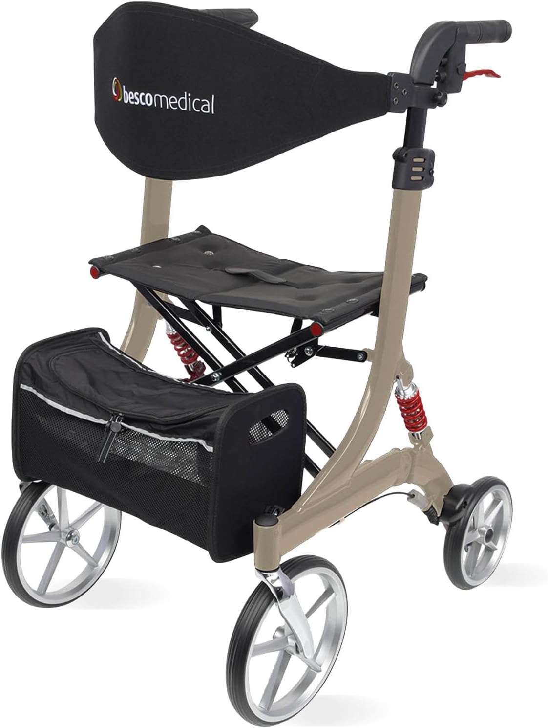 Lightweight Rollator Spring - Walking Aid with Comfort Suspension - Height Adjustable & Foldable - Includes Mesh Pocket & Back Strap - Comfortable Seat - Foldable - Model S Cappuccino