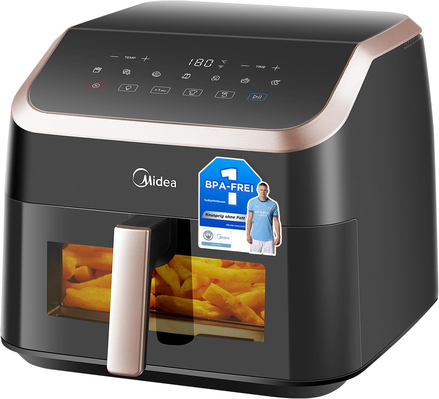 Midea XXL AirFryer 8.5 L Hot Air Fryer 8-in-1 Hot Air Fryer with Viewing Window, Extra Wide Chambers, Max 200 °C, Fryer without Oil, Dishwasher Safe, Black/Rose Gold