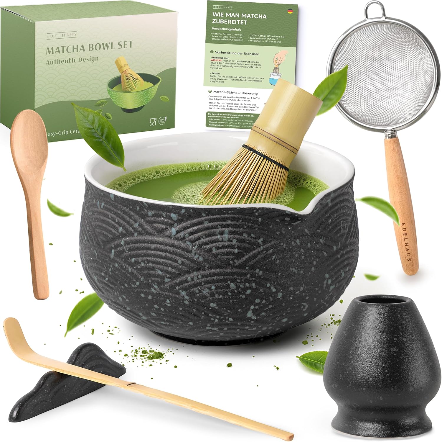 Matcha Set (7 Pieces) Matcha Bowl with Broom, Strainer, Spoon - Unique Design Ceremonial Grade Matcha Tea Set - Bowl with Spout and Broom Holder (Black)