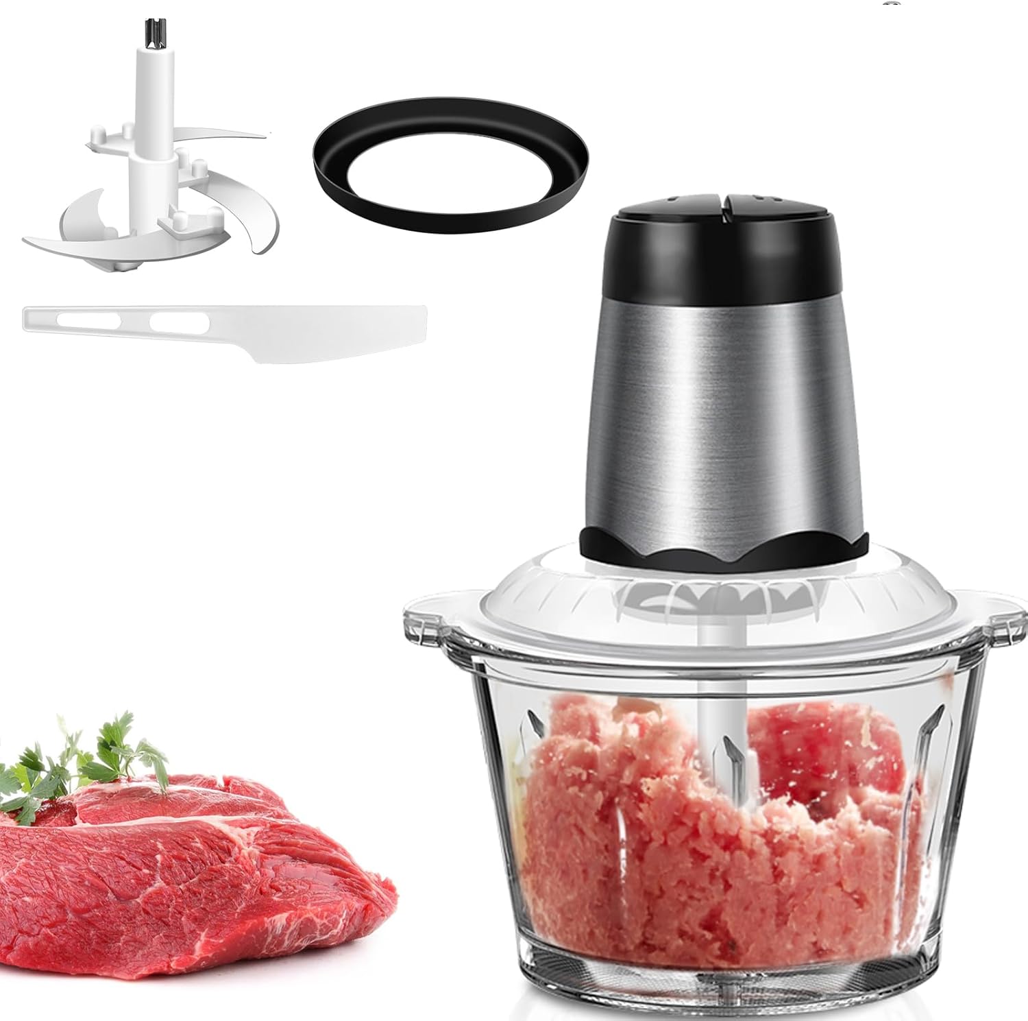 Royalswill Electric Kitchen Chopper, Electric Kitchen Chopper with 2 L Bowls, 2 Speed ​​Levels, 300 W Multi Chopper Meat Grinder with 4 Blades for Baby Food, Nuts, Vegetables, Fruit, Meat