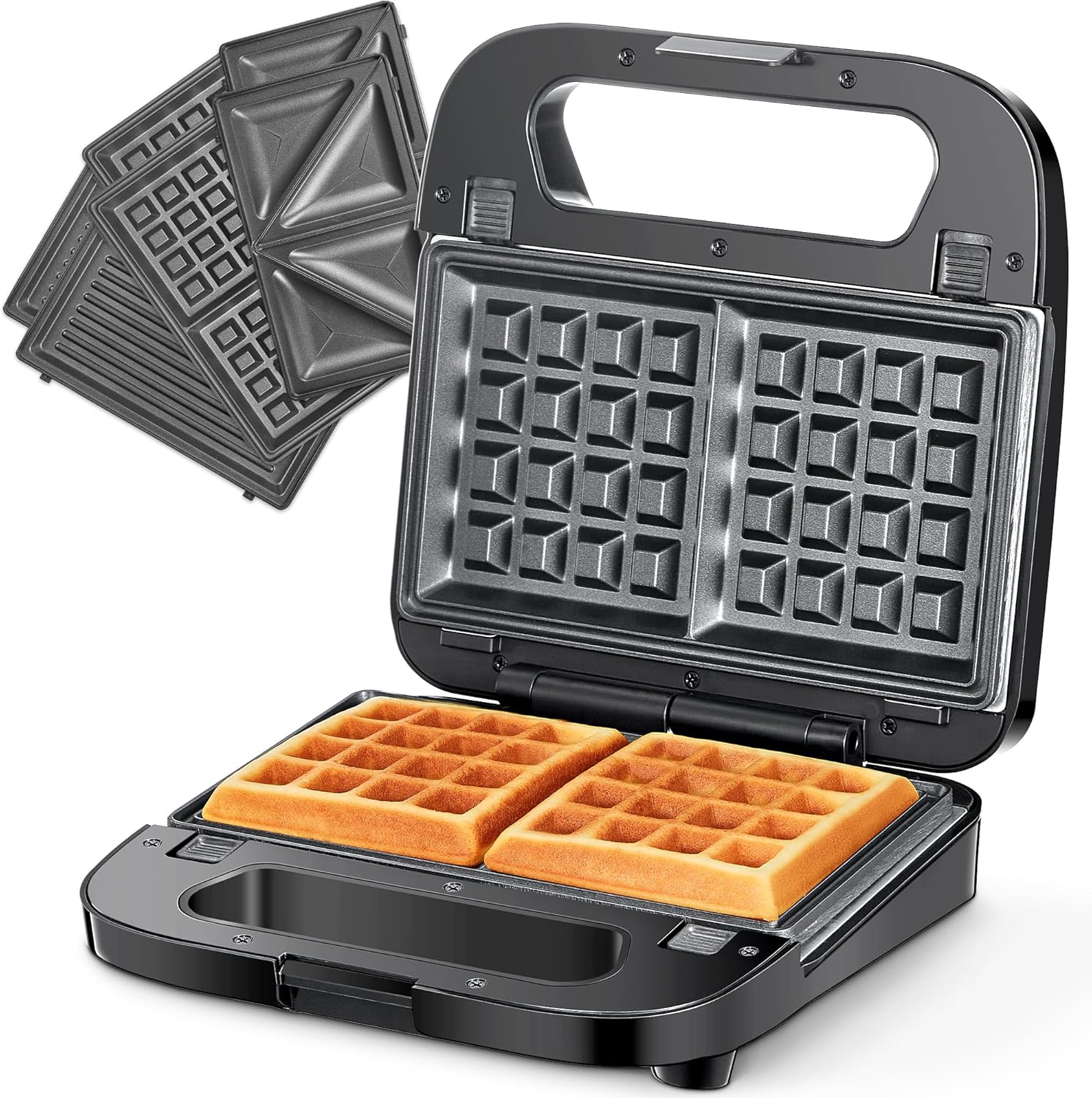 Reemix Multifunctional 3-in-1 Sandwich Maker, Waffle Iron, Contact Grill, Non-Stick Coated Removable Plates, 750 W, LED Indicators, BPA-Free, Black (Black1)