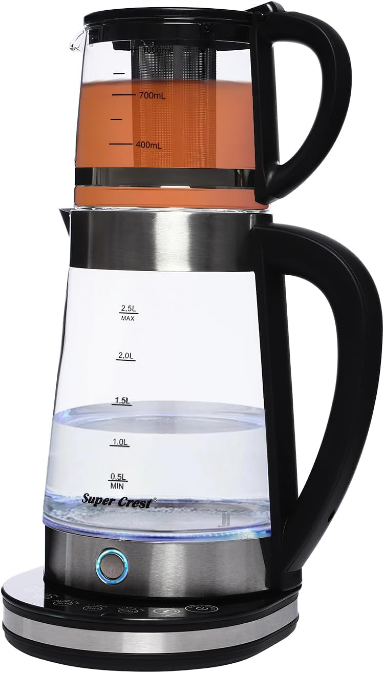 2-in-1 Kettle Set, 2.5 L & 1 L, Electric Tea Maker with LCD Temperature Display, 1500 W Pressure Cooker with Warming Function for Tea & Coffee, for Family & Guests, Chrome