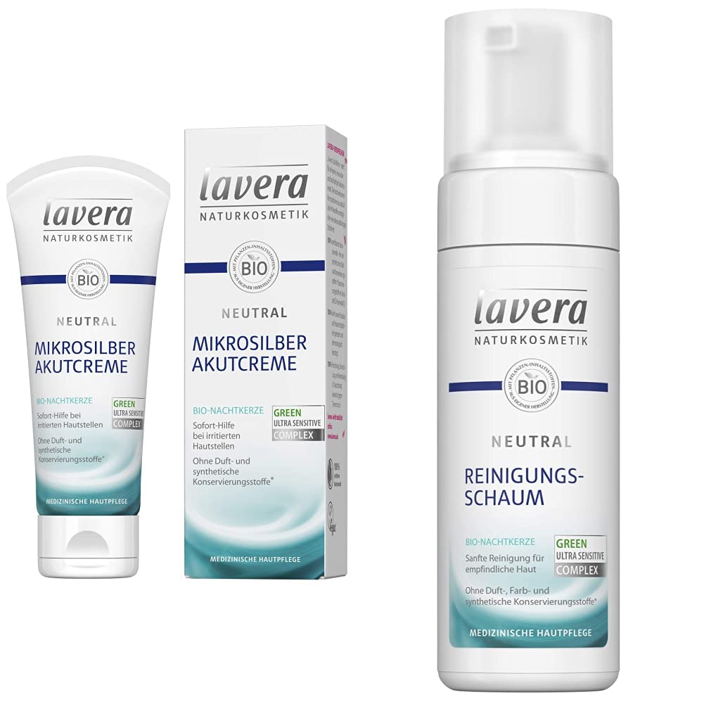 lavera Neutral Acute Cream with Microsilver - 75 ml & Neutral Cleaning Foam - Organic Evening Primrose - Gentle Facial Cleansing - Sensitive Skin - Neurodermatitis - Medical Skin Care - Vegan - 150 ml