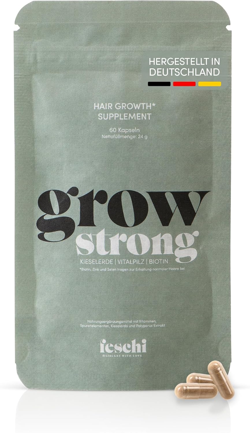 Grow Strong Hair Vitamins - Biotin, Silica & Vital Mushroom - 1 Capsule per Day (2 Months) - For Hair, Skin & Nails - Can Strengthen Hair Roots and Prevent Hair Loss - Sustainable Packaging - Feschi